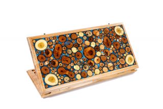 Backgammon with tree branch slices and epoxy two-sided classic blue