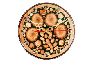 Clock with tree branch slices and epoxy